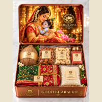 Open kit showing dry coconut, premium dry fruits and red chunri