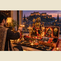 Kala Bhairava puja setup with mustard oil lamp and black vastra
