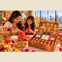 Kanya Pujan ceremony with nine girls receiving gifts from box