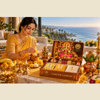 Close-up of Margashirsha items — kalash, lotus dhoop, Katha book