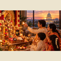 Narasimha puja setup with kit contents on red vastra