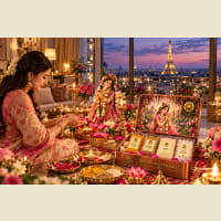 Radha Ashtami altar with Radha Krishna swaroop and kit contents