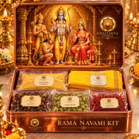 Open kit showing Ram Darbar photo, yellow chandan and Sundarkand book