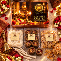 Close-up of evening items — kapoor, loban granules, cotton wicks