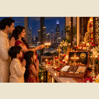 Evening aarti with sambrani smoke and lit diya at home altar