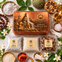 Close-up of Shiva items — vibhuti, Ganga Jal, janeu