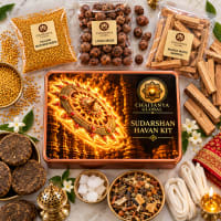 Close-up of Sudarshan items — havan samagri, lotus cones, Ashtakam book