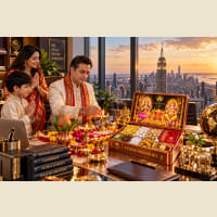 Shop opening with Laxmi-Ganesh photo and kit contents at cash register