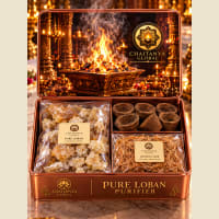 Open pack showing loban chunks, dhuni burner and sambrani cups