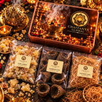 Close-up of purification items — frankincense chunks, coconut coir, kapoor