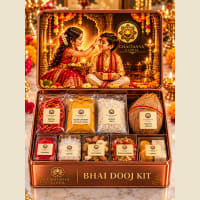 Open box showing kesar chandan paste, kumkum and rose dhoop