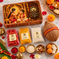 Close-up of tilak items — saffron-sandalwood paste, akshat, moli
