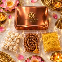 Close-up of Ekadashi items — grain-free prasad, lotus-tulsi dhoop cones