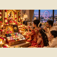 Friday Vaibhav Laxmi altar with kit contents on red chunri
