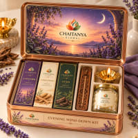 Open tin showing Lavender, Sandalwood and Oudh incense, wooden holder, brass diya and ghee wicks