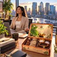Desk Calm Kit on an office desk overlooking Canary Wharf, London