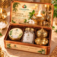 Open tin showing camphor tin, camphor crystal jar, brass kapoor-dani and brass bowl