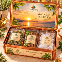 Open tin showing rosemary, peppermint dhoop and clear quartz pouches