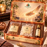 Open tin showing sandalwood incense, raw cotton wicks and cedarwood roll-on