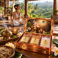 Sacred Smudge Kit in a Bali yoga pavilion overlooking rice terraces