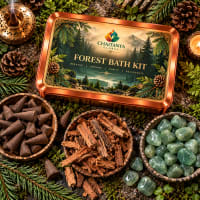 Close-up of pine dhoop cones, splintered cedar bark and green aventurine stones