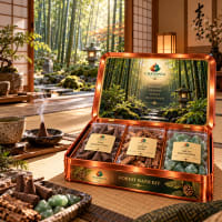 Forest Bath Kit on a tatami floor in a Kyoto room facing a bamboo forest