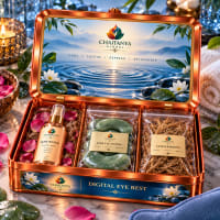 Open tin showing rose water mist, jade eye stones and vetiver roots