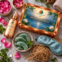 Close-up of copper rose water mist bottle, green jade eye stones and vetiver roots beside a silk eye mask