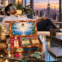 Professional resting with eye mask beside the Digital Eye Rest Kit in a Manhattan high-rise