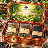 Open tin showing neem leaves, tulsi leaves and activated charcoal soap
