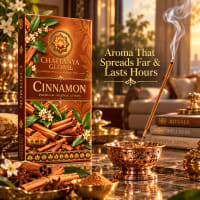 Cinnamon incense stick burning in a brass holder beside the slim box