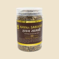 MB Products Havan Samagri jar on a warm ivory background