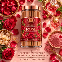 Rose Bambooless Incense in a Chaitanya Global glass jar with red roses, rose powder and resin
