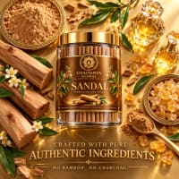 Sandal Bambooless Incense in a Chaitanya Global glass jar with sandalwood logs, chandan powder and jasmine