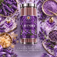 Lavender Bambooless Incense in a Chaitanya Global glass jar with lavender flowers, powder and resin