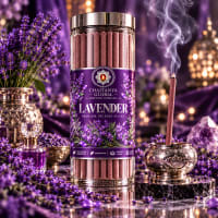 Lavender Bambooless Incense jar with a burning stick, lavender and crystals