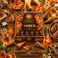 Amber Premium Incense Cones in a Chaitanya Global box with amber resin, agarwood and loose cones