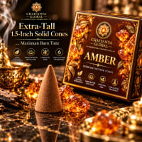 Extra-tall 1.5-inch Amber solid incense cone beside the box with amber resin