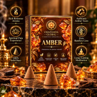 Amber Premium Incense Cones box with icons: rich resinous aroma, zero bamboo core, solid base