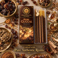 Pure Guggal thick masala incense box and clear case with guggal resin, herbs and brass bowls