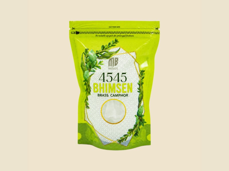 4545 Bhimsen Brass Camphor 200 g pouch on a warm ivory background