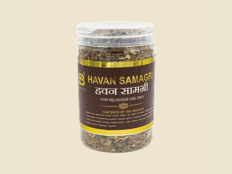 MB Products Havan Samagri jar on a warm ivory background