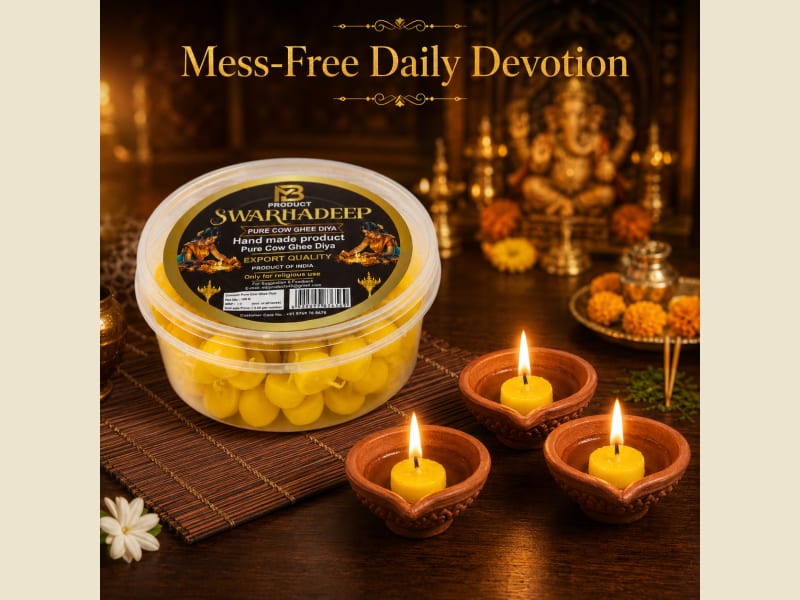 Swarnadeep ghee diyas lit in clay lamps before a puja altar