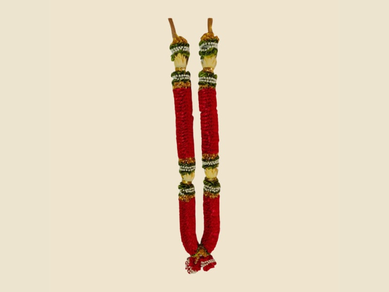 Classic red deity mala with gold and green bands