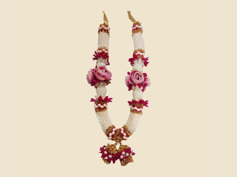 White and pink deity mala with pink roses and pearls