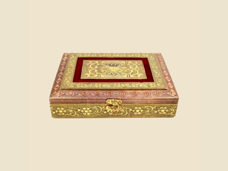 Copper Box with Maroon Velvet Lid Panel on a warm ivory background
