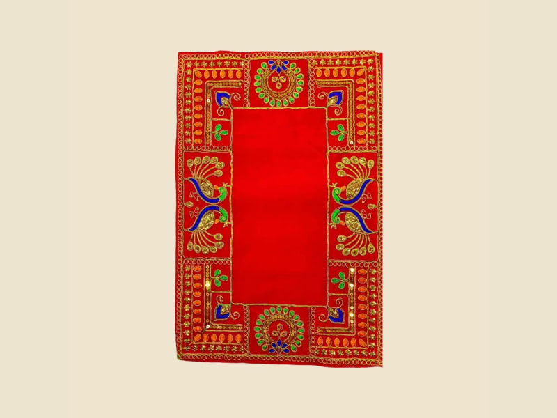 Embroidered Puja Aasan, Red (CI 490) on a warm ivory background