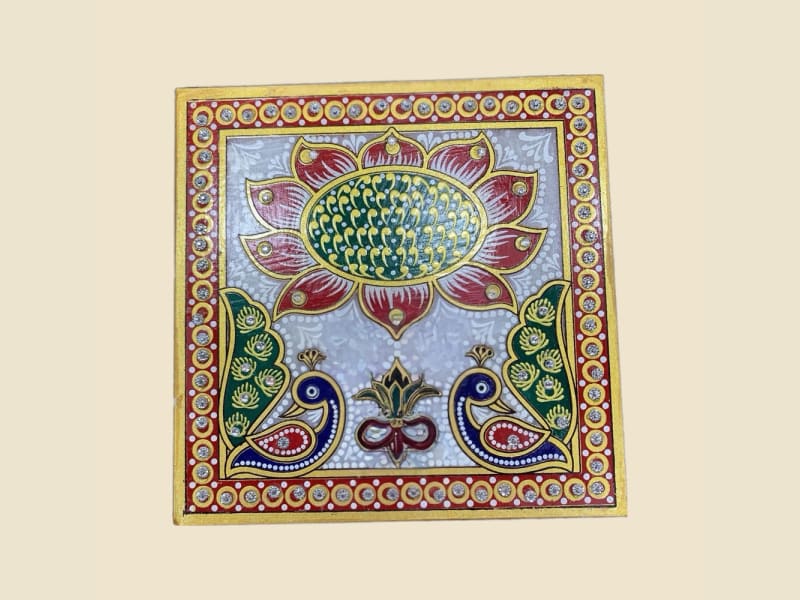 Meenakari Marble Chowki, 6 x 6 in on a warm ivory background