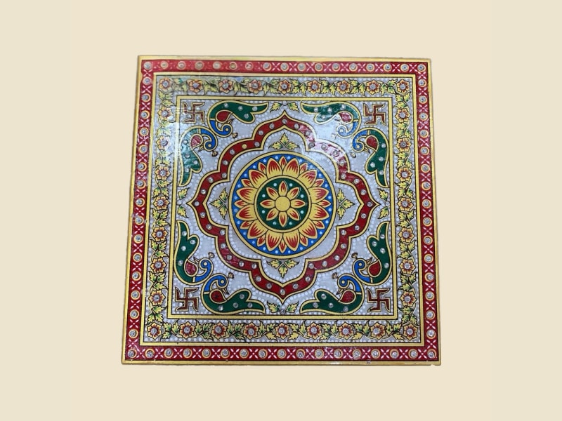 Meenakari Marble Chowki, 8 x 8 in on a warm ivory background