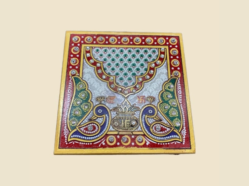 Meenakari Marble Chowki, 4 x 4 in on a warm ivory background
